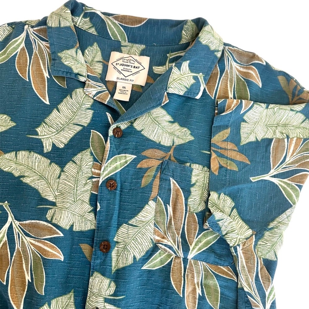 St Johns Bay Hawaiian Shirt Mens XXL Teal Blue Tropical Leaf Slub Rayon Classic